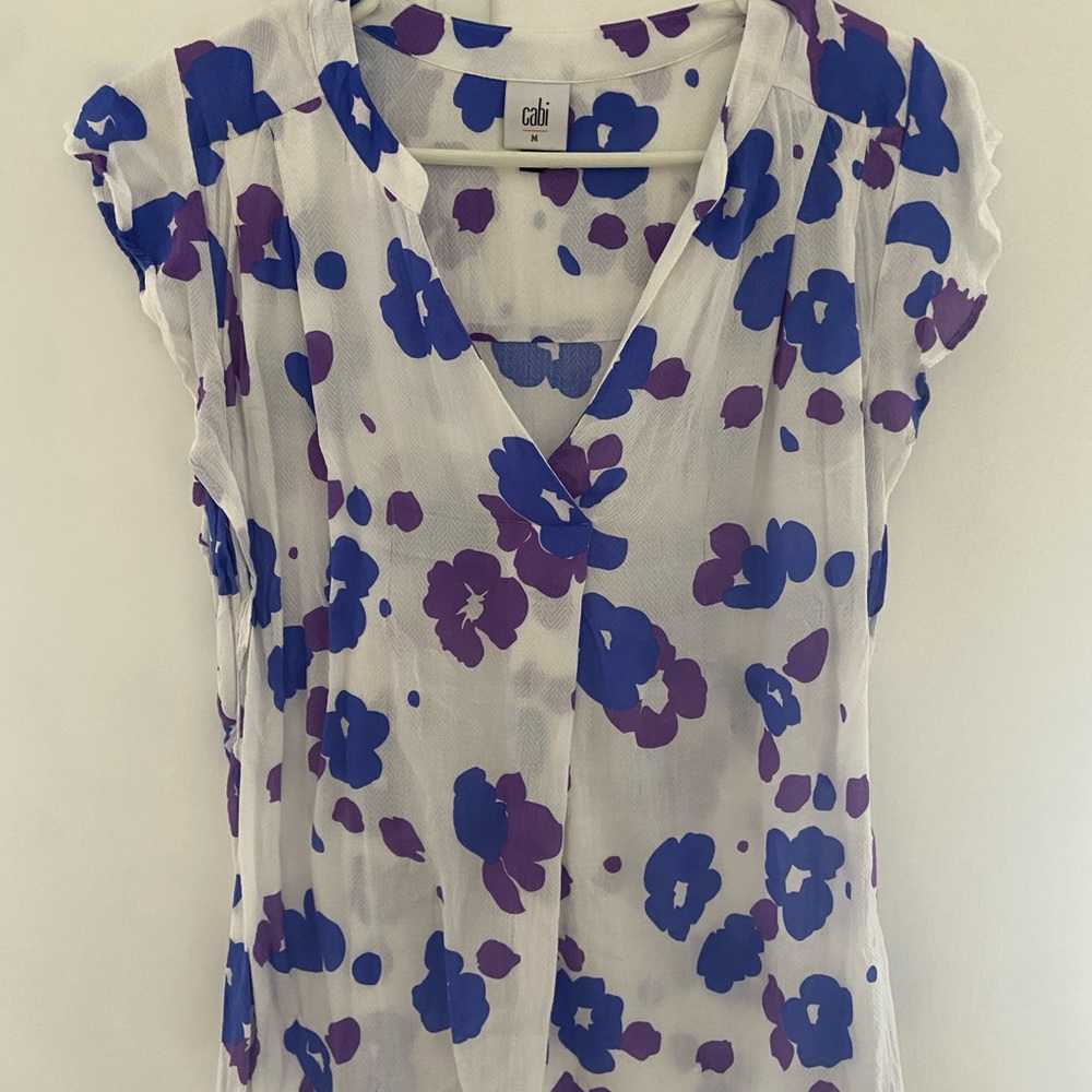 CAbi White and Purple Floral Blouse